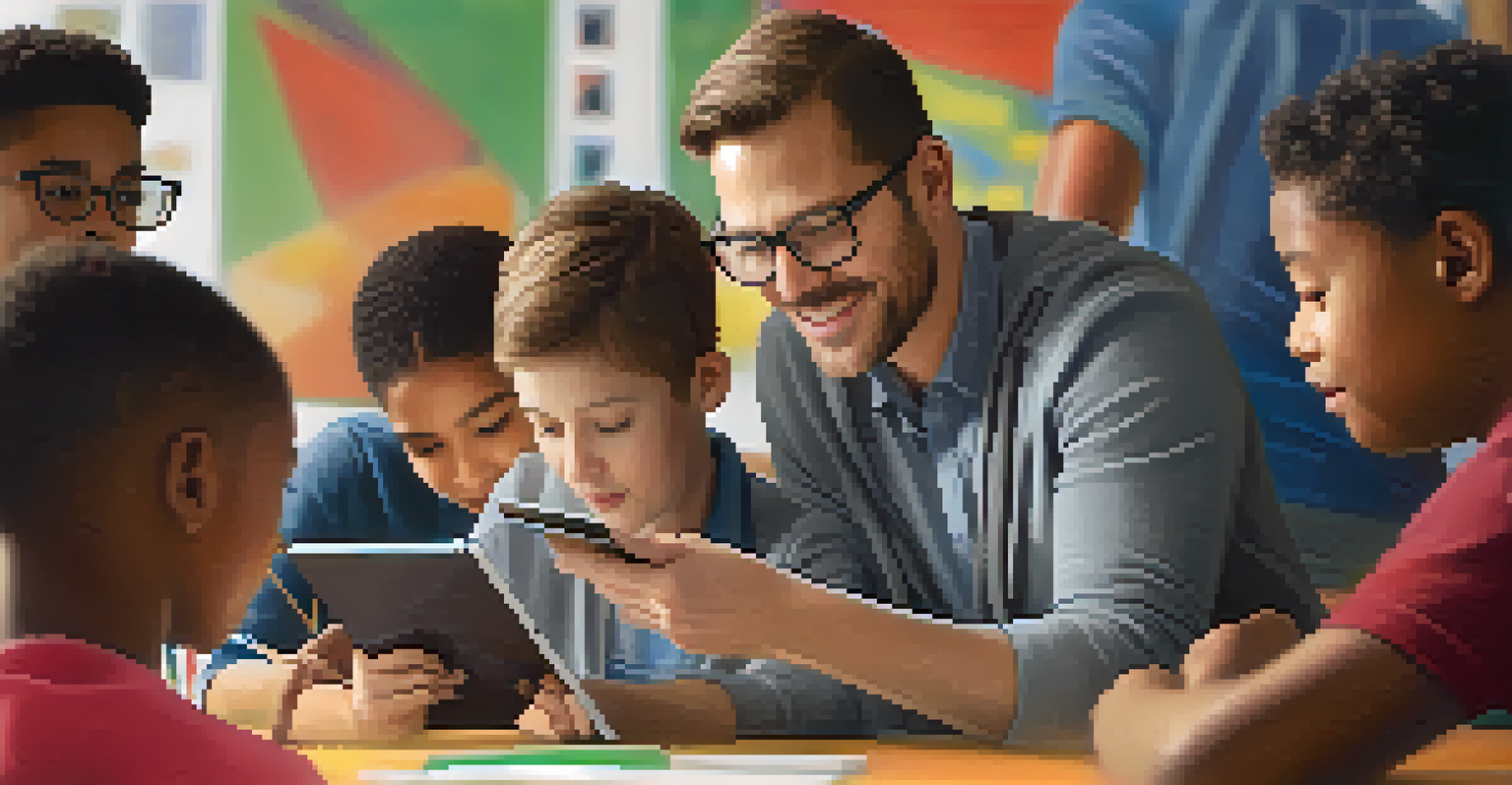 A teacher assisting a student with a tablet in a diverse classroom setting, emphasizing personalized learning and technology integration.
