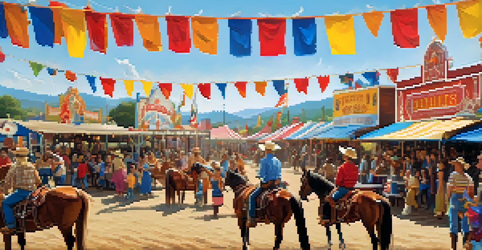 A lively festival scene celebrating cowboy culture with people in traditional attire, stalls, and activities in a sunny rural fairground.