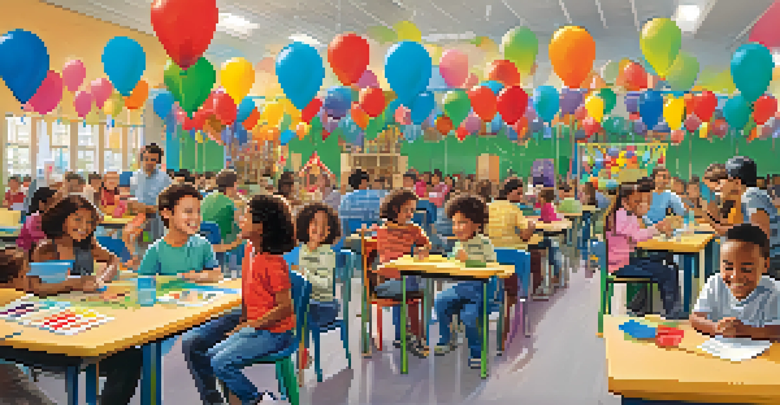 Families participating in educational activities together at a school event, surrounded by decorations and smiling faces.