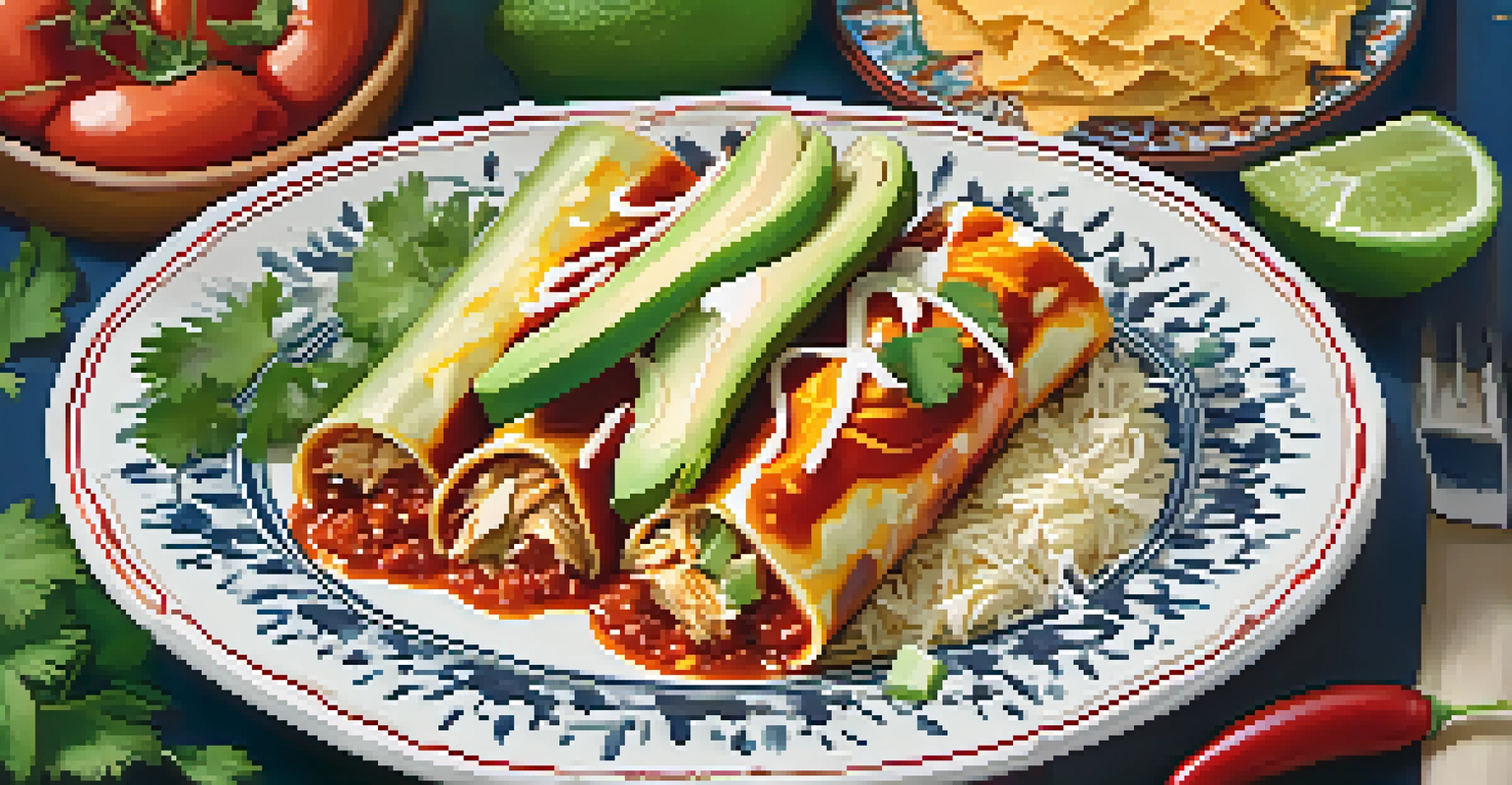 A close-up of enchiladas filled with chicken and cheese, topped with red chili sauce, cilantro, and avocado on a patterned plate.