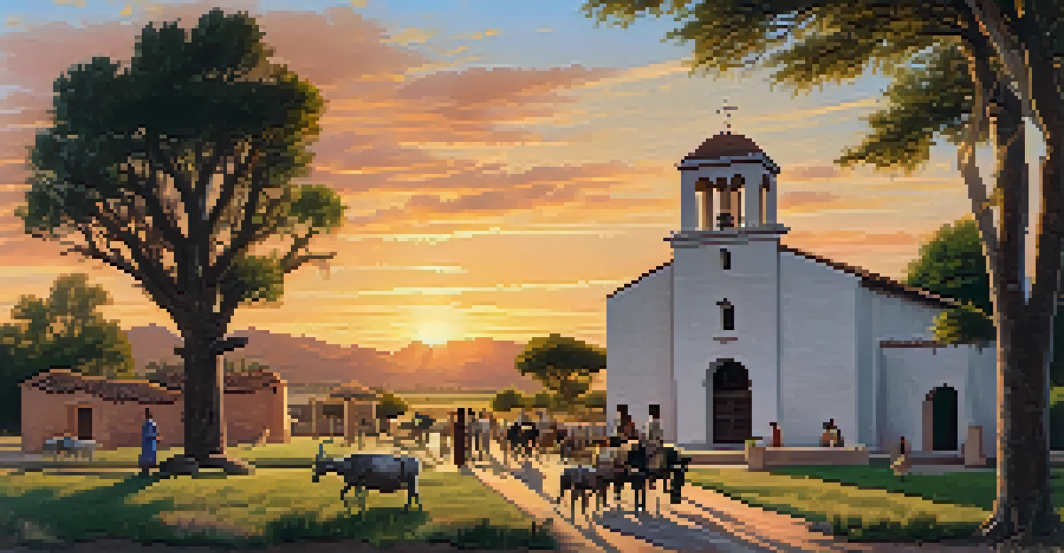 The San Antonio de Padua mission with indigenous people and Spanish settlers interacting, surrounded by farmland and livestock.