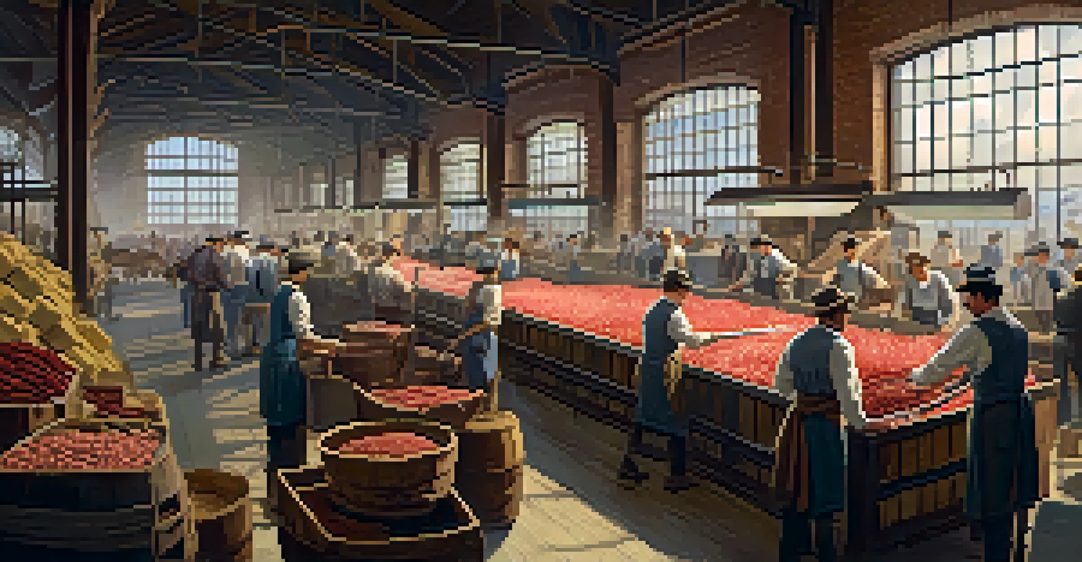 An interior of a historical meatpacking plant with workers processing cattle, featuring natural light and industrial elements.