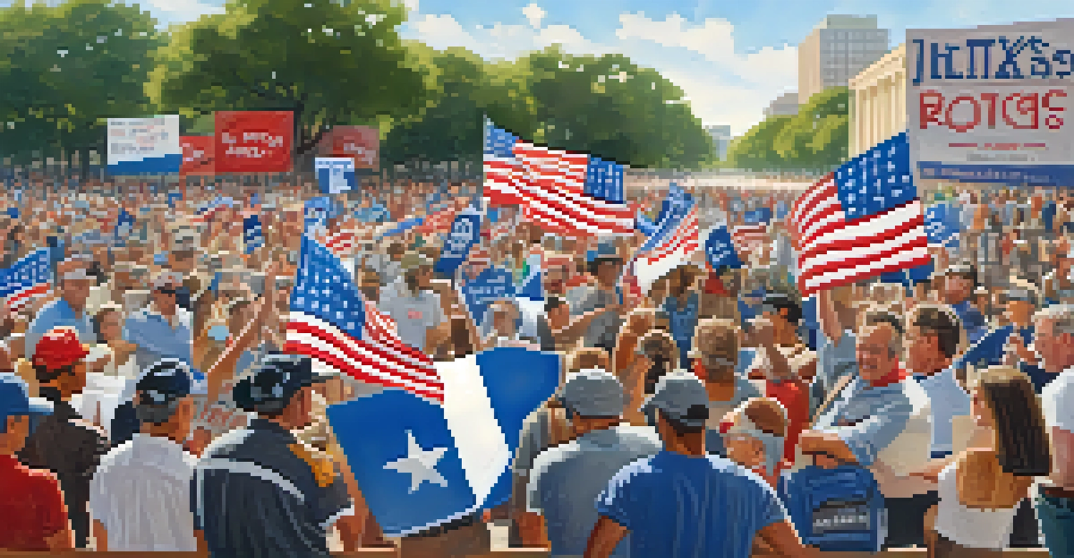 A lively outdoor rally with people holding signs and the Texas flag, showcasing public engagement in politics.