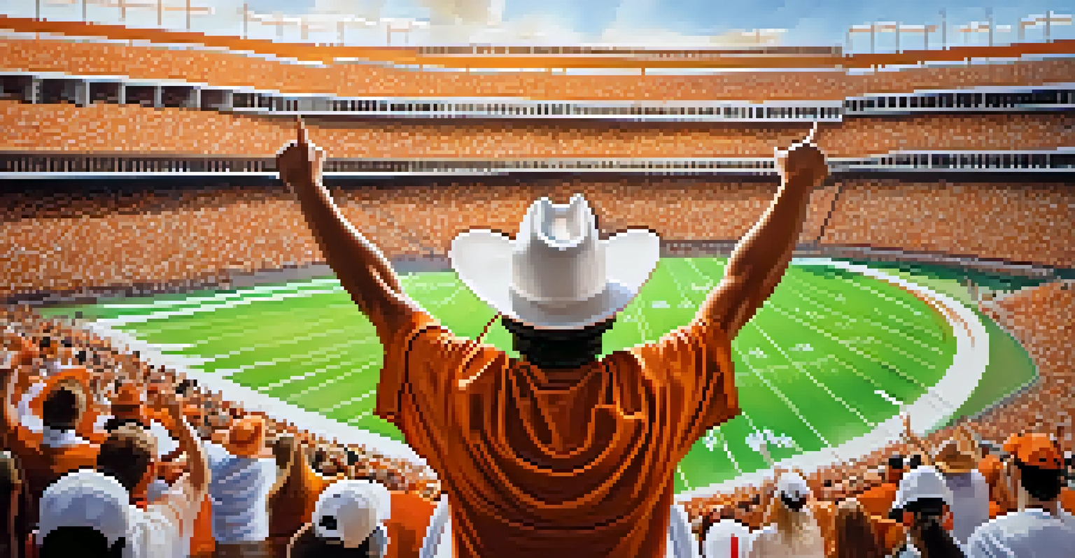 A close-up of a Texas Longhorns fan with face paint and a jersey, cheering passionately during a football game.