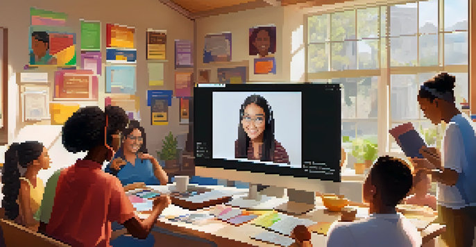 A diverse group of students participating in an online class through a computer screen, with books and notes on a desk in a well-lit room.