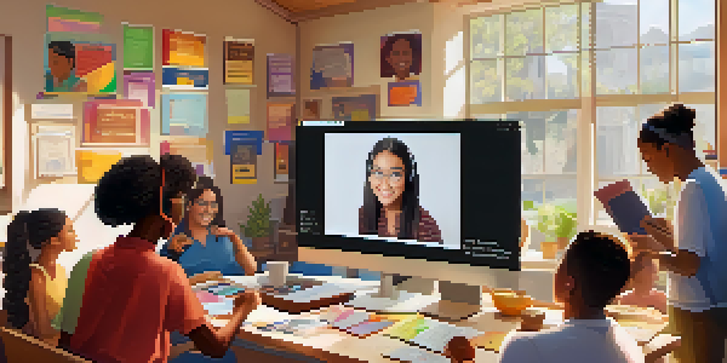 A diverse group of students participating in an online class through a computer screen, with books and notes on a desk in a well-lit room.