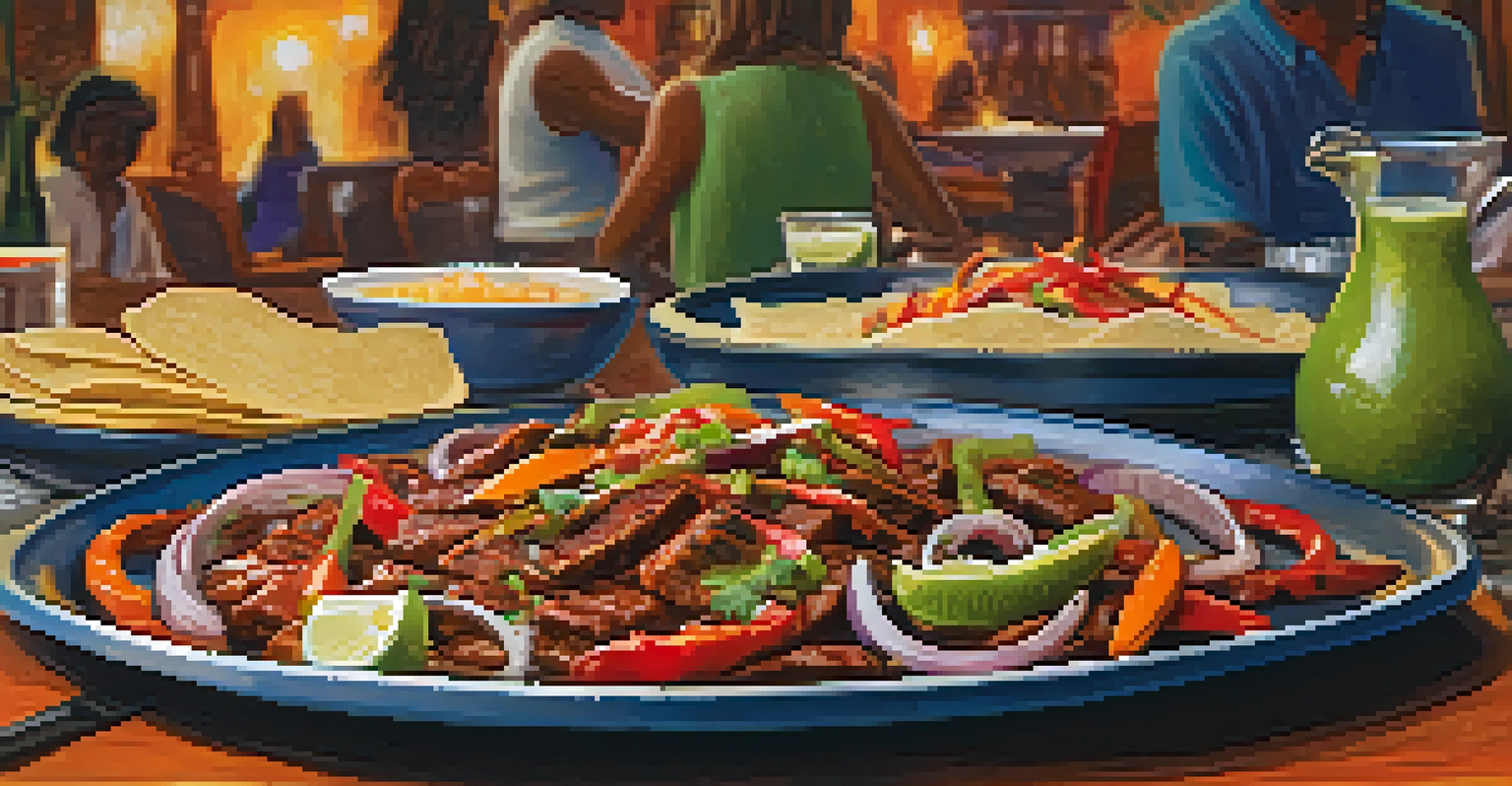 Close-up of sizzling fajitas with grilled vegetables and meat, served with tortillas in a lively restaurant setting.