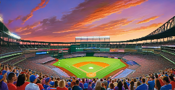 A lively Texas Rangers baseball game at Globe Life Field with fans in colorful jerseys and a beautiful sunset in the background.