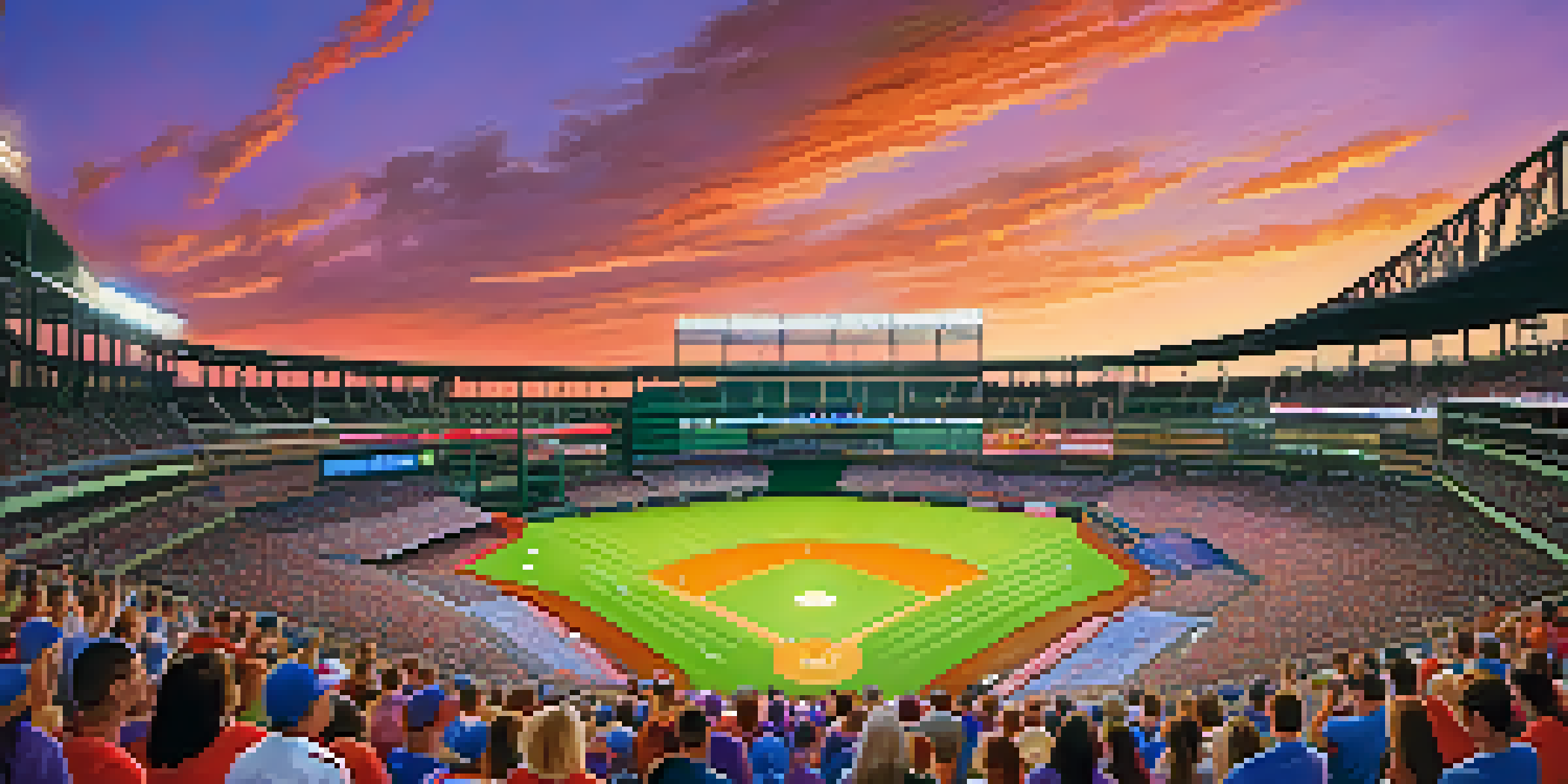 A lively Texas Rangers baseball game at Globe Life Field with fans in colorful jerseys and a beautiful sunset in the background.
