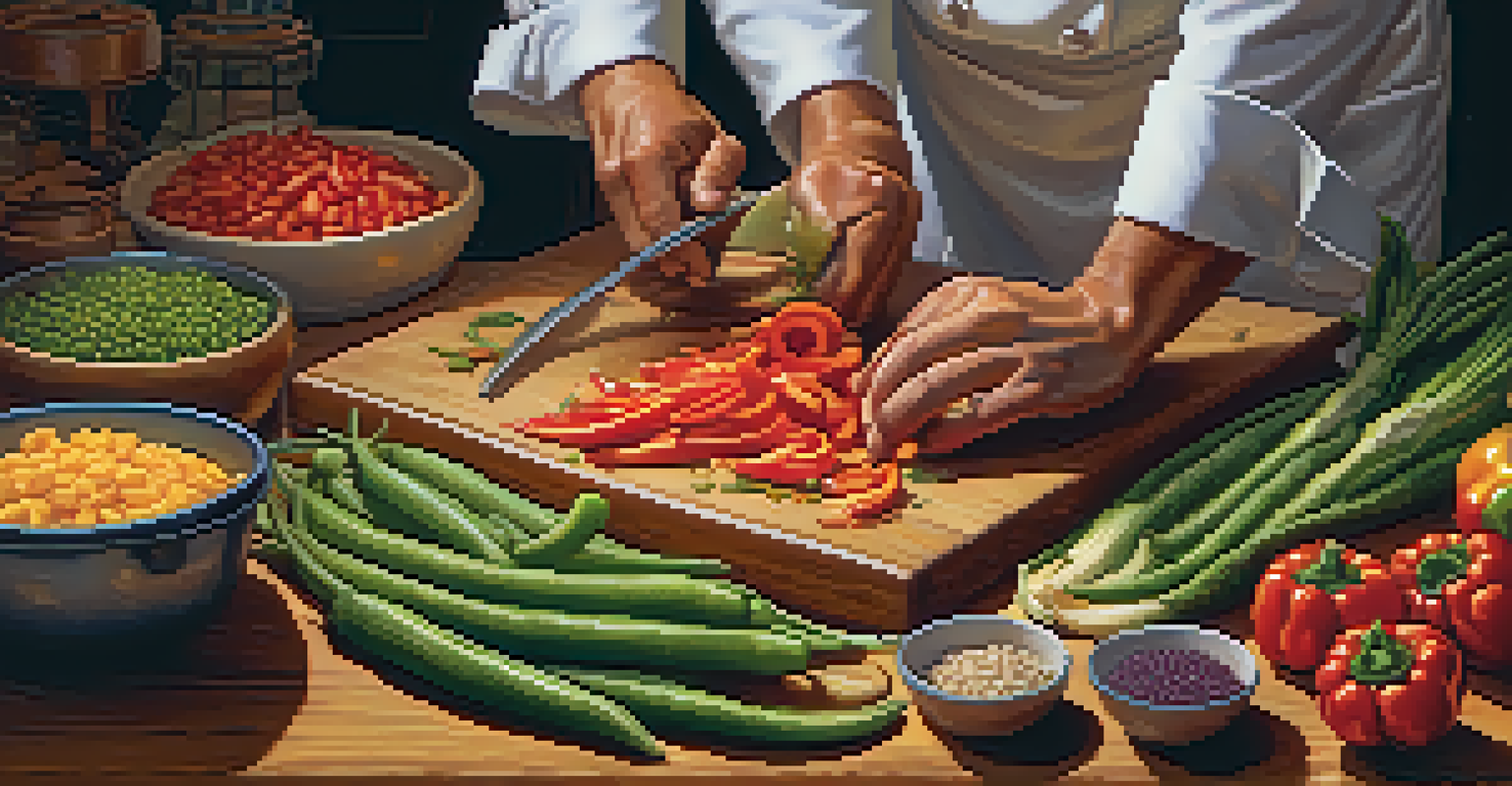 A chef's hands chopping fresh vegetables for Texas soul food, with vibrant ingredients on a wooden cutting board in a softly lit rustic kitchen.