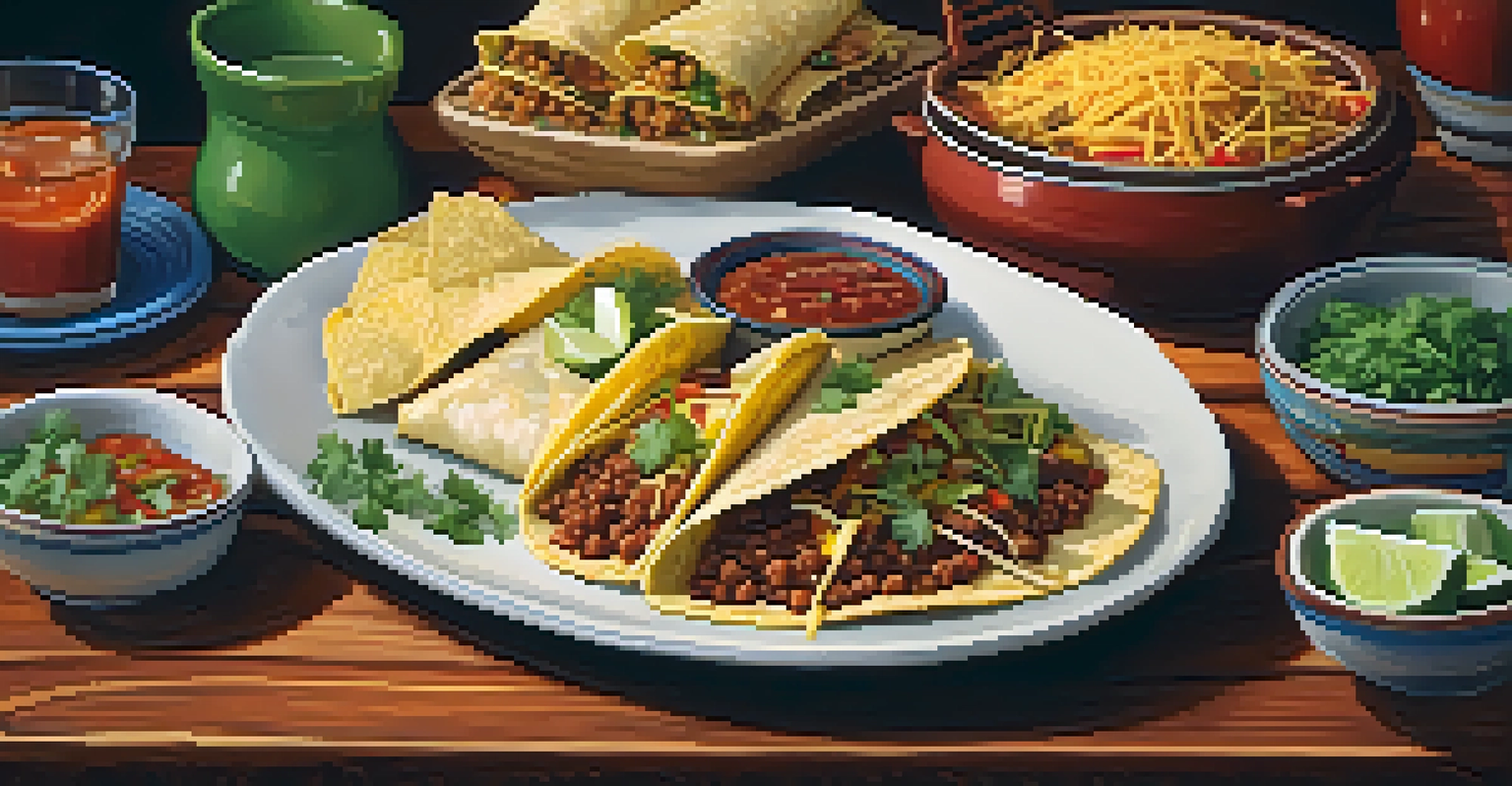A close-up view of a plate of Tex-Mex food including tacos, enchiladas, and tamales, beautifully arranged on a wooden table.