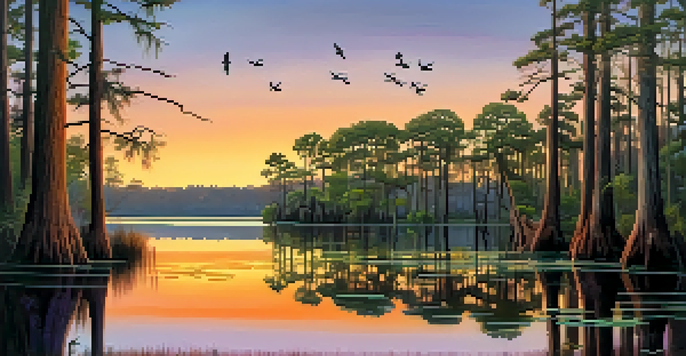 A peaceful sunset view of Caddo Lake with cypress trees and flying birds, reflecting on the water.