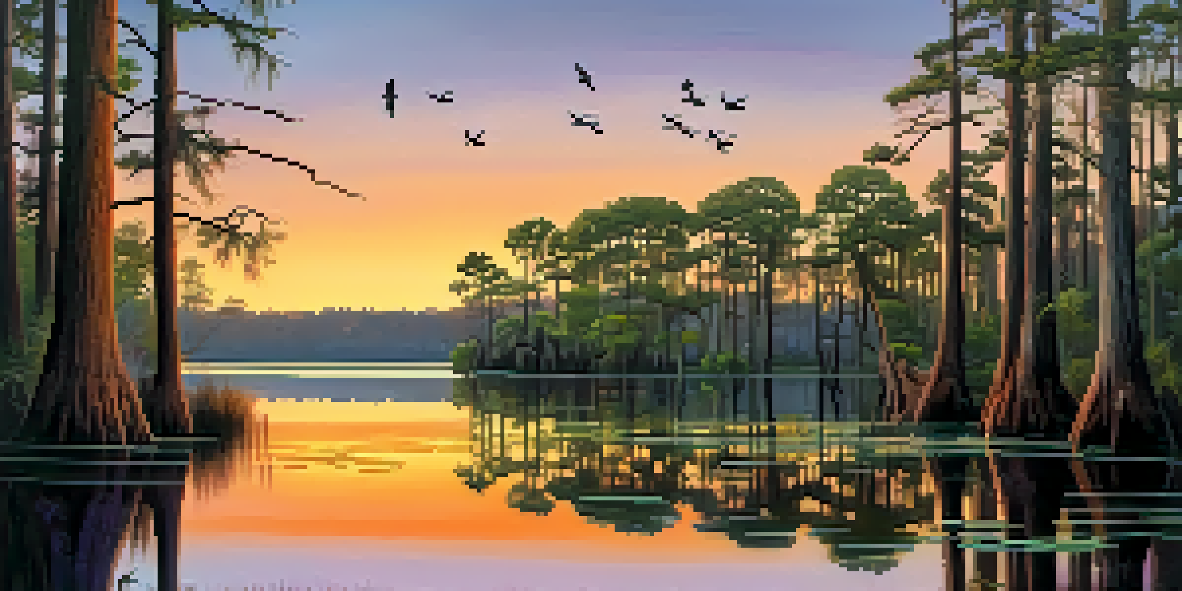 A peaceful sunset view of Caddo Lake with cypress trees and flying birds, reflecting on the water.