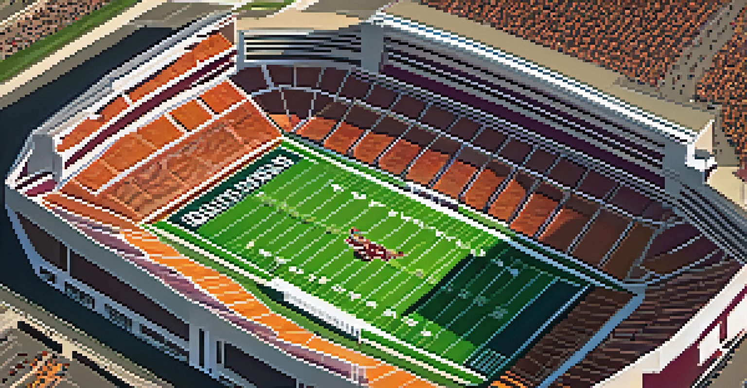 An aerial view of a college football stadium packed with fans, showcasing the vibrant atmosphere during a game as the sun sets.