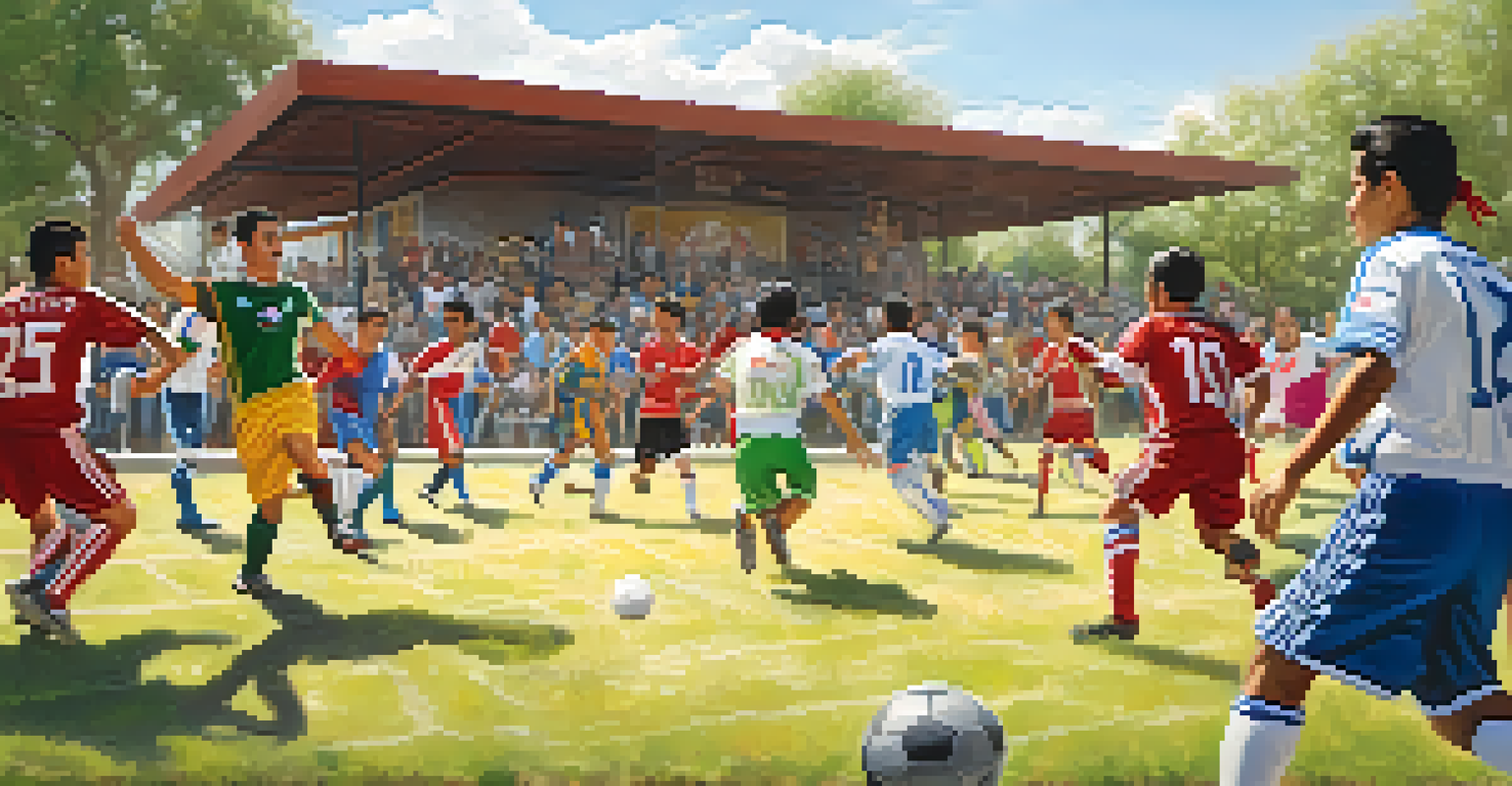 A soccer game in a Texas park featuring players in charro attire and soccer uniforms, with spectators cheering in the background.