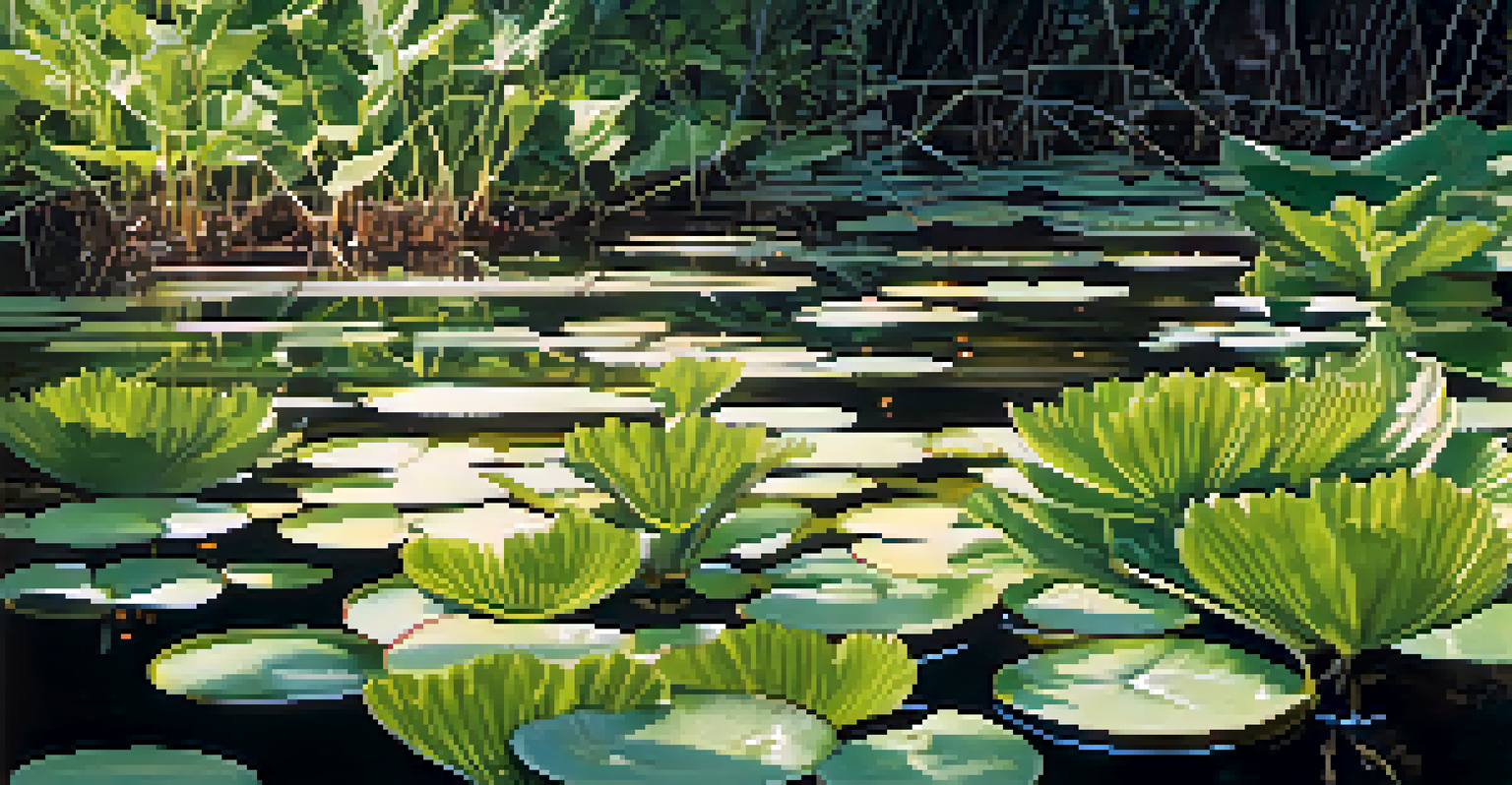 Close-up of aquatic plants in a Texas wetland, showcasing textures and small fish, with soft sunlight filtering through the leaves.