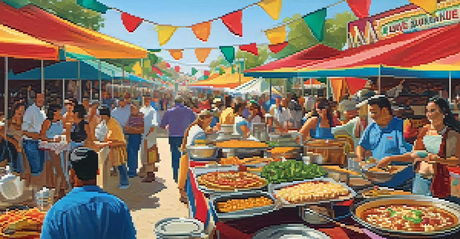 A vibrant food festival with stalls serving Tex-Mex dishes, decorated with colorful banners and cheerful attendees enjoying the festivities.