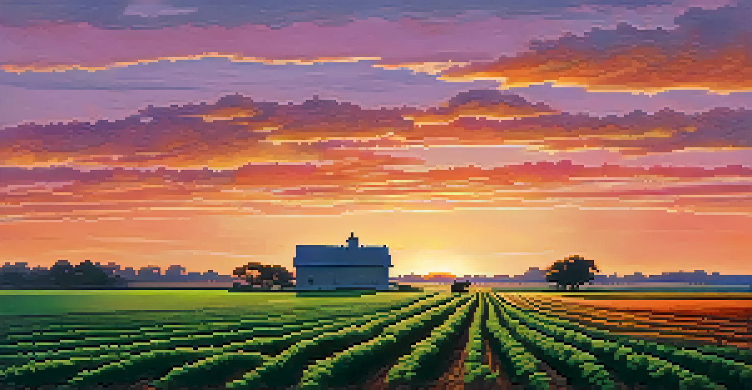 A picturesque Texan farm at sunset, with a farmer silhouetted against a colorful sky and rows of crops in the foreground.
