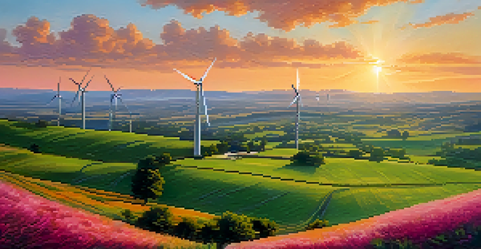 A scenic Texas landscape featuring wind turbines and solar panels at sunset.