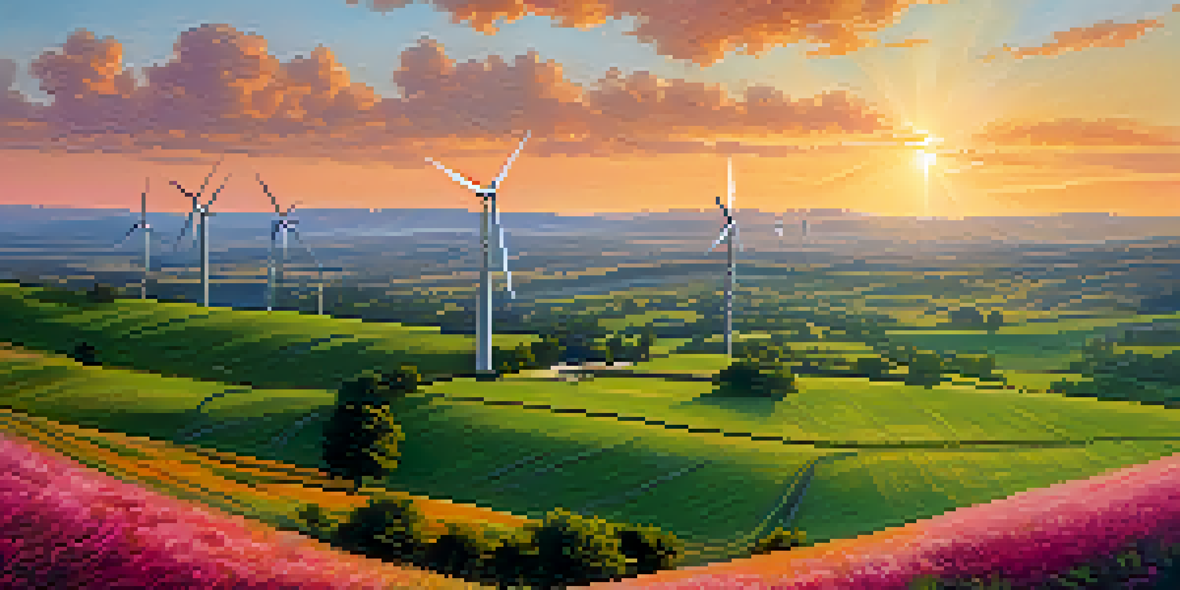 A scenic Texas landscape featuring wind turbines and solar panels at sunset.