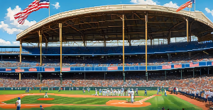 A lively baseball game at a Texas ballpark with fans in team jerseys and players warming up on the field under a sunny sky.