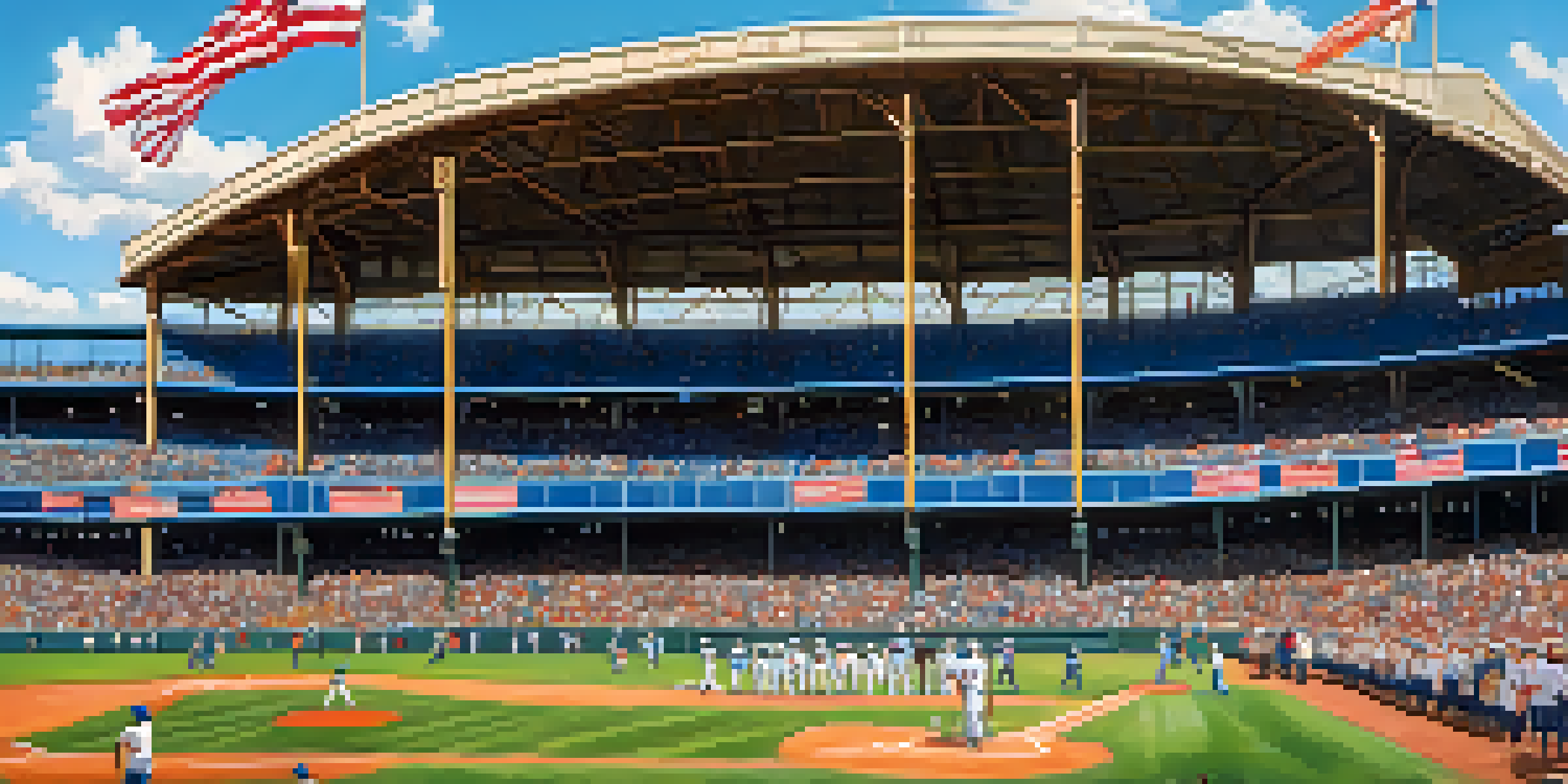 A lively baseball game at a Texas ballpark with fans in team jerseys and players warming up on the field under a sunny sky.