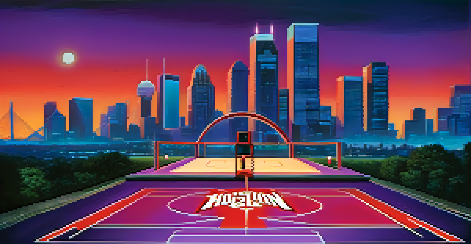 A modern interpretation of the Houston Rockets logo with a basketball court and city skyline in the background.