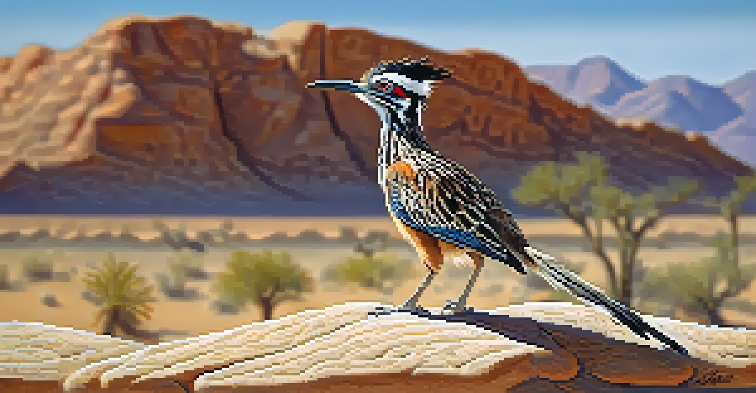 A roadrunner perched on a rock in the desert, surrounded by sandy terrain and sparse vegetation under a blue sky.