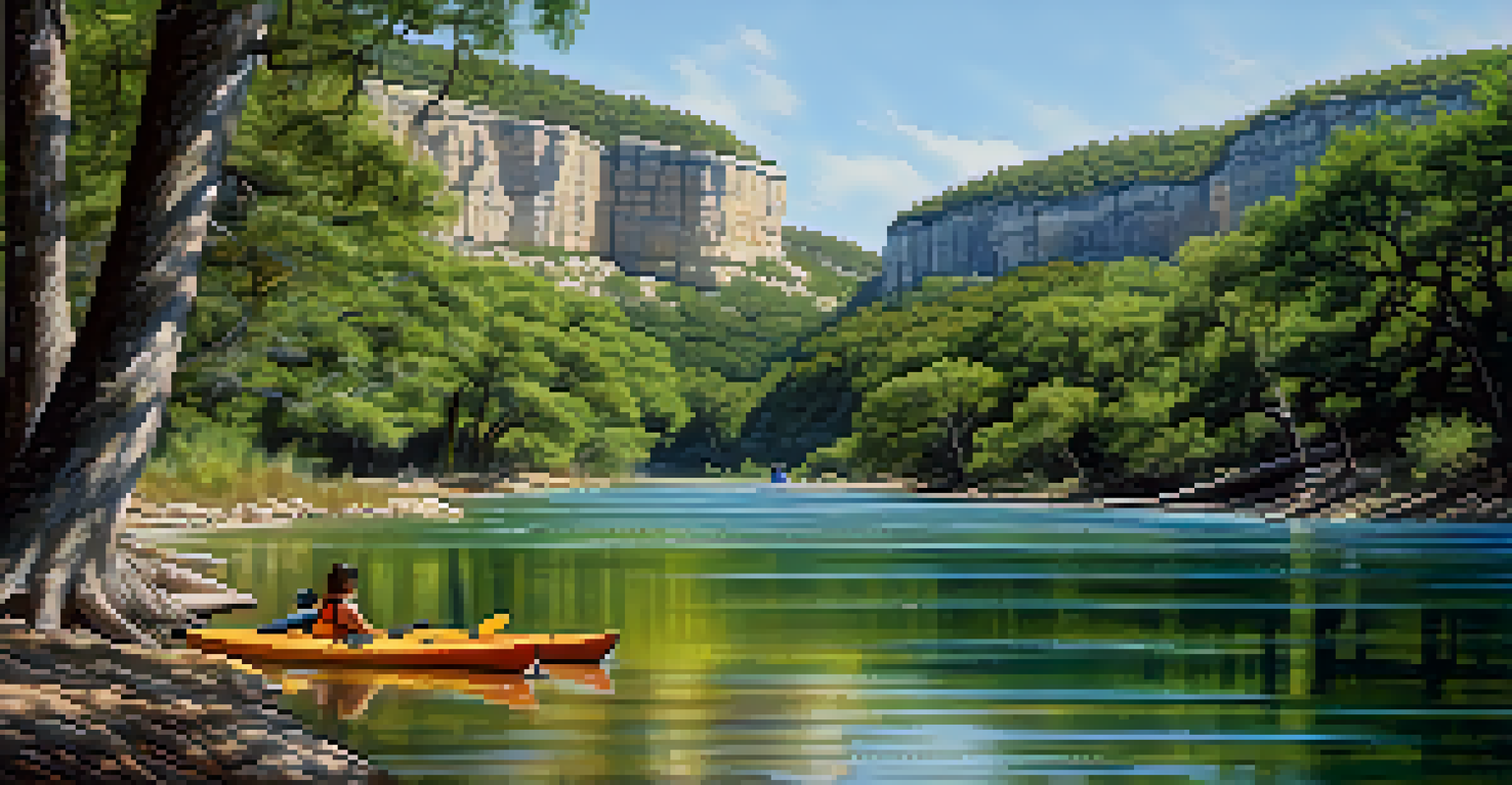 A peaceful view of the Frio River in Texas Hill Country, featuring cypress trees, limestone cliffs, and a family kayaking.