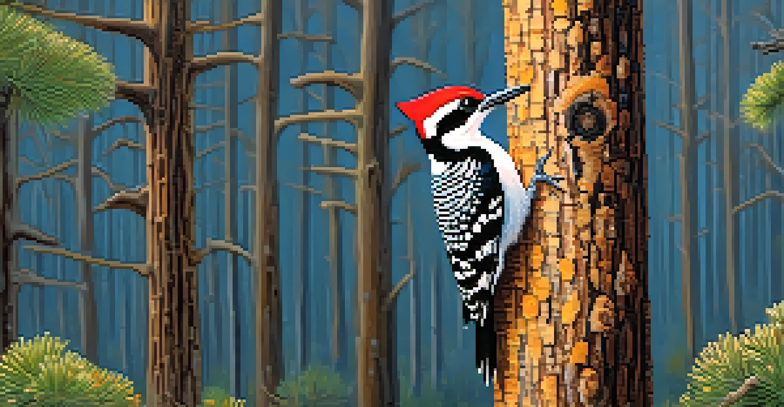 A close-up of a Red-cockaded Woodpecker on a longleaf pine, showing its unique colors against the textured bark and surrounding wildflowers.