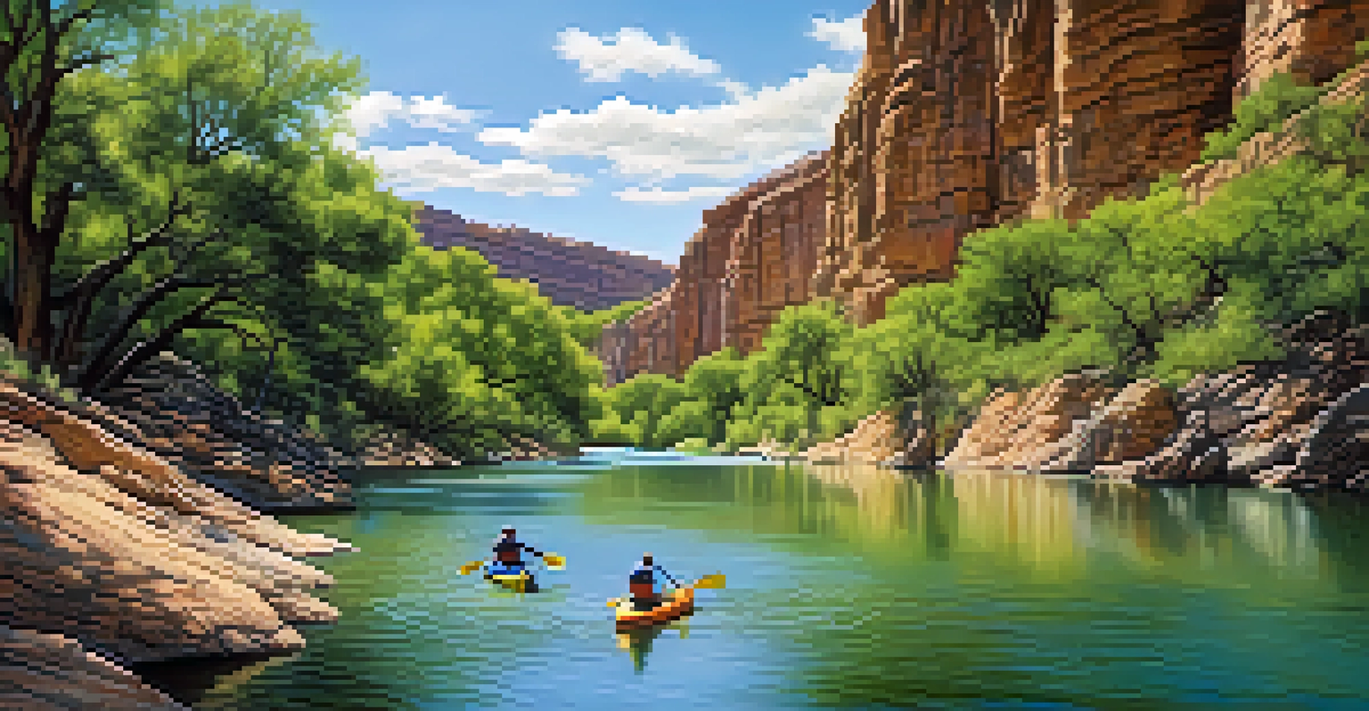 The Colorado River meandering through Texas Hill Country, with cliffs, greenery, and a kayaker on the water.