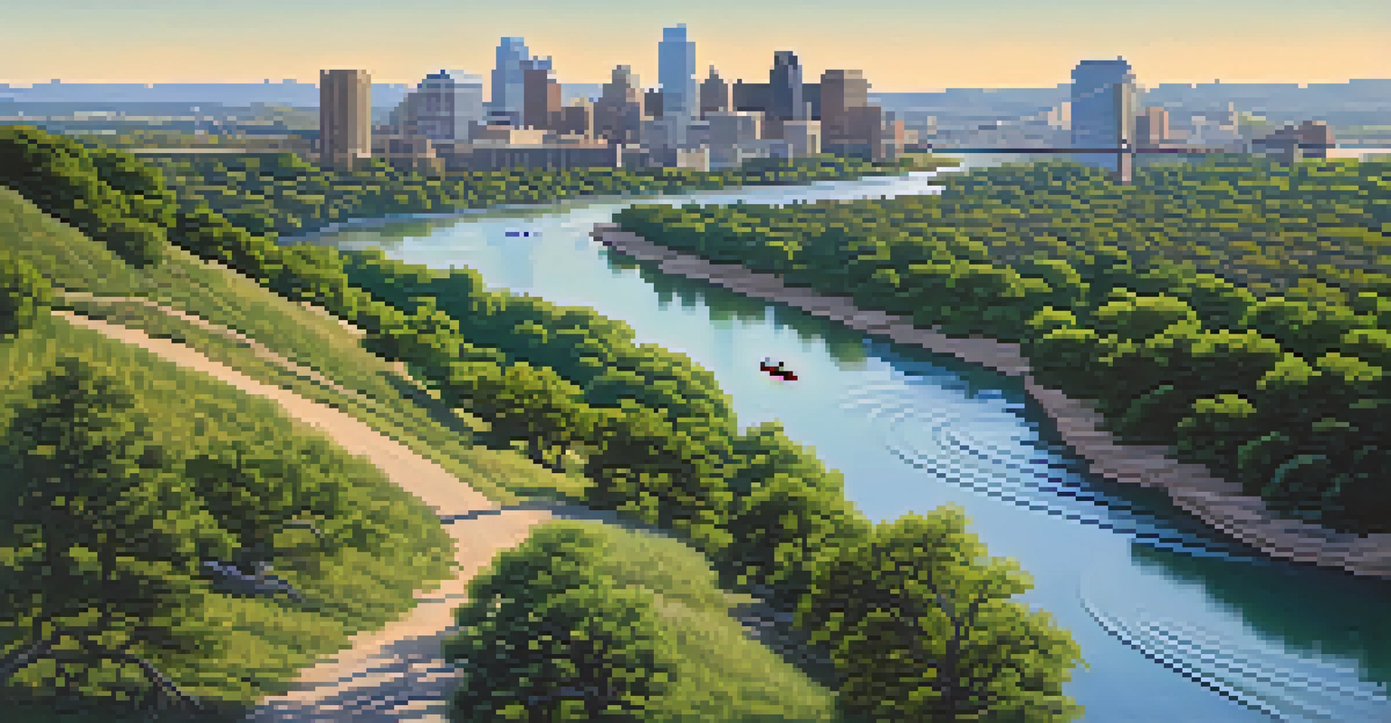 A view of Austin's rolling hills and the Colorado River with people kayaking, and the downtown skyline in the background.