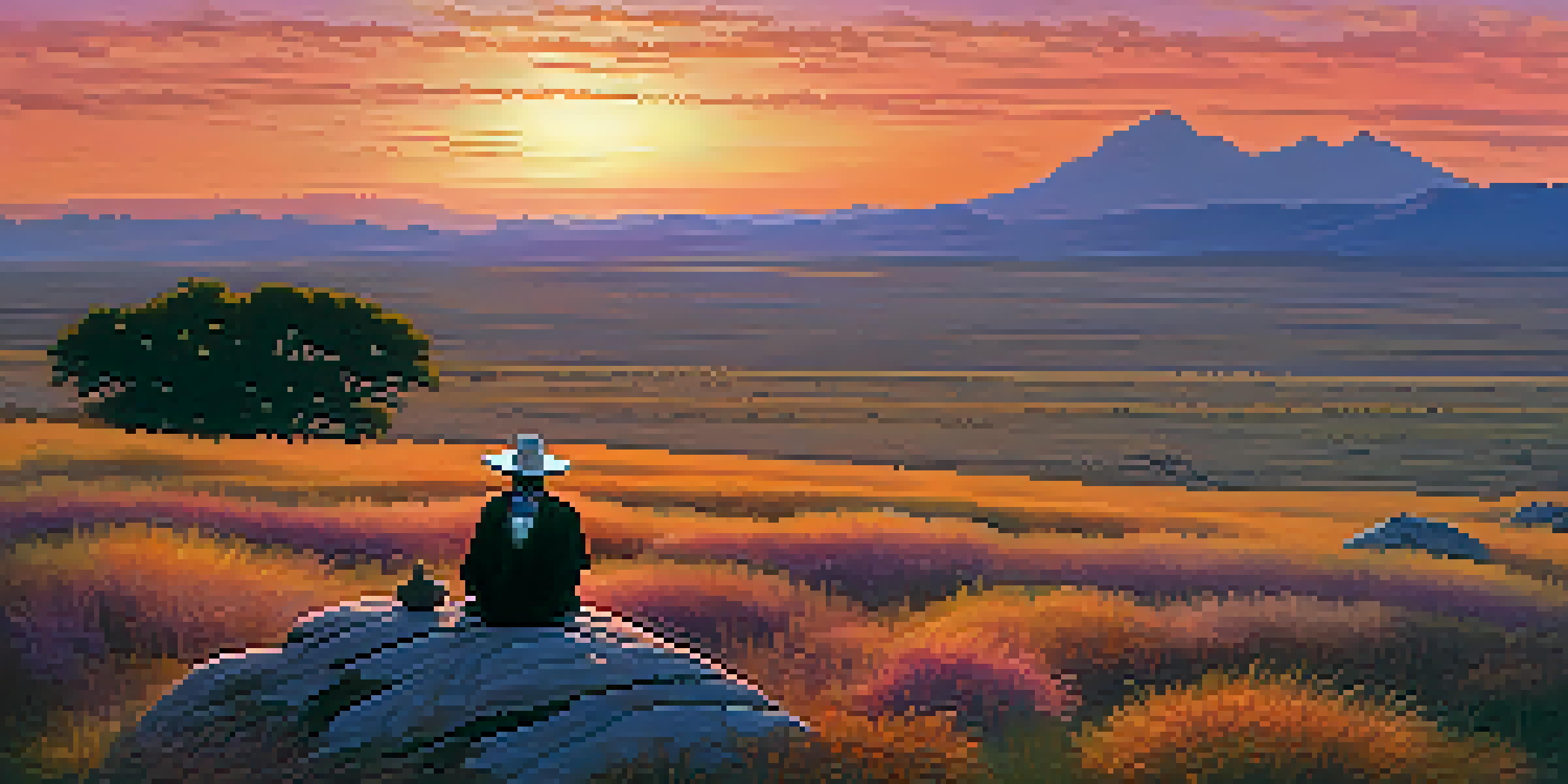 A Texas prairie at sunset with vibrant colors and a Comanche elder in traditional attire sitting on a rock, surrounded by native plants.