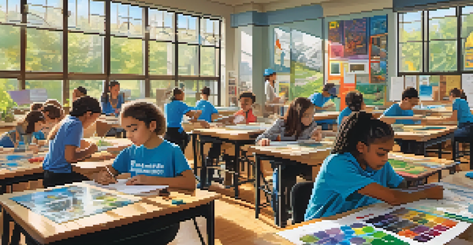 A diverse group of students working together in a bright classroom on a STEAM project, with art supplies and science kits around them.