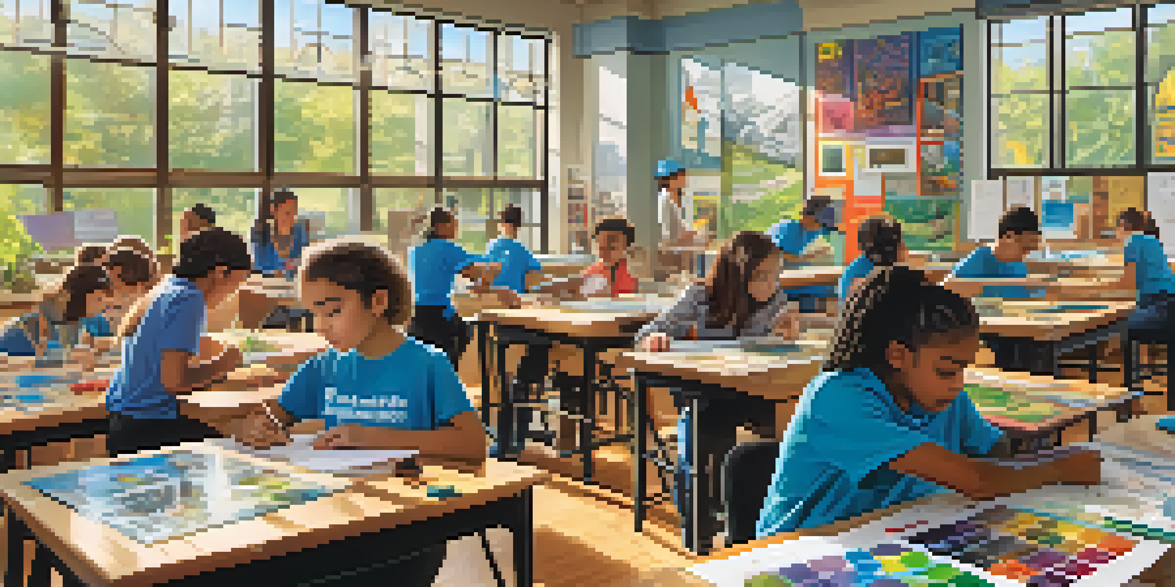 A diverse group of students working together in a bright classroom on a STEAM project, with art supplies and science kits around them.