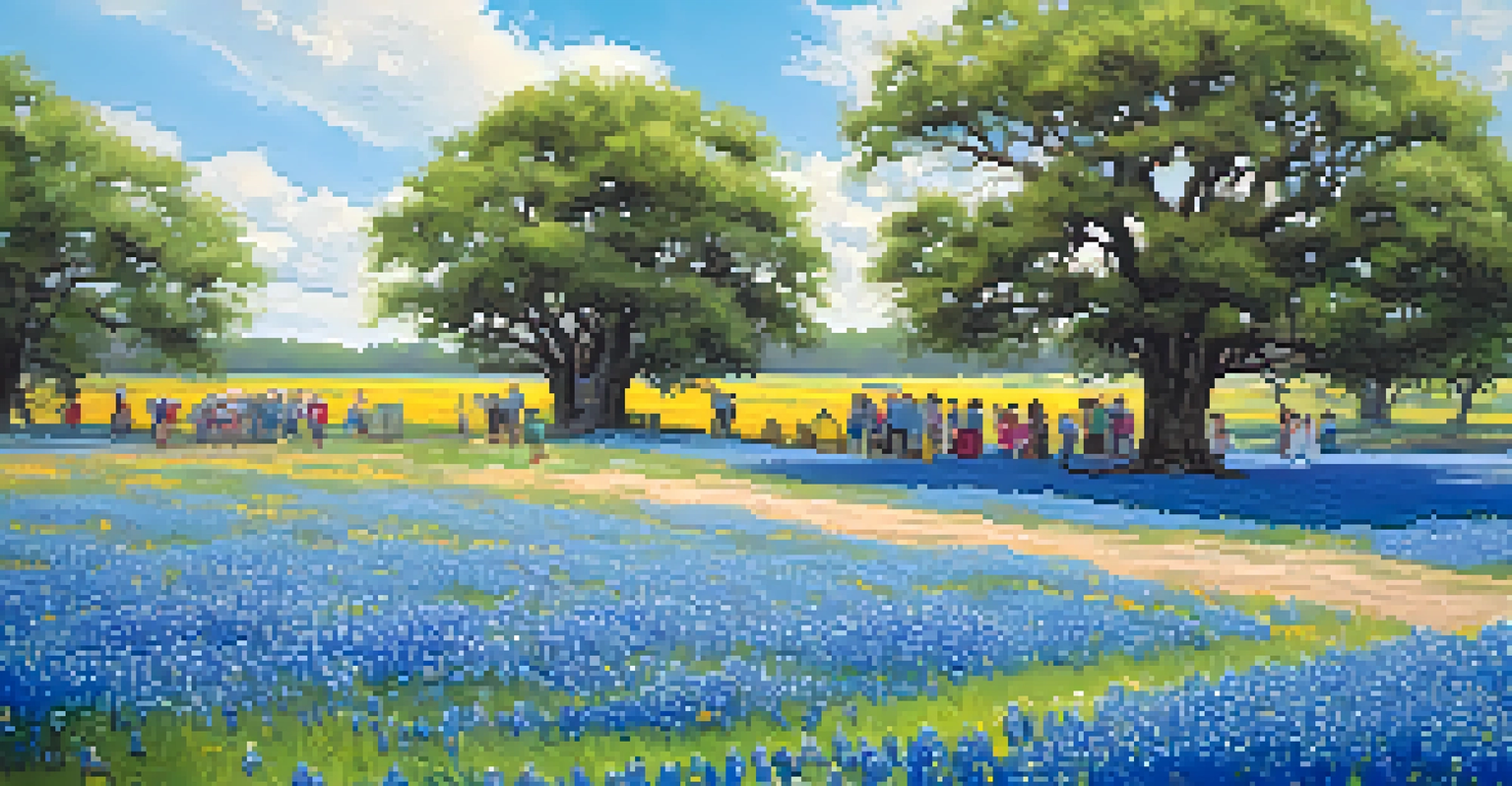 A beautiful Texas Bluebonnet Festival scene with blooming flowers and families enjoying the spring atmosphere.