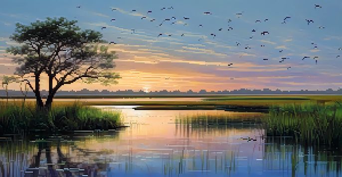 A peaceful Texas wetland at sunrise with colorful sky reflections, marsh grasses, migratory birds, wildflowers in the foreground, and deer in the distance.