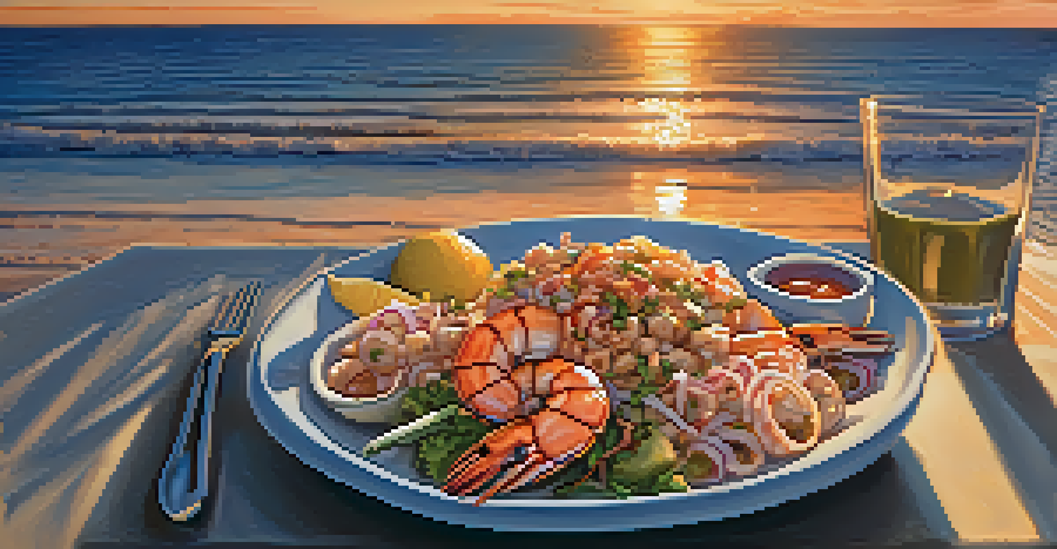 A Gulf Coast seafood restaurant view with a plate of grilled Gulf shrimp and ceviche, sunset lighting reflecting off the ocean.