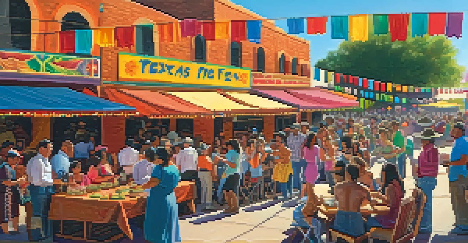 A lively Tex-Mex festival in Texas with colorful decorations, diverse people dancing, and food stalls serving traditional cuisine.