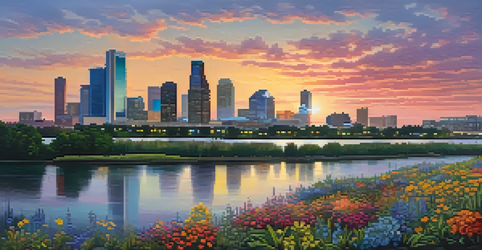 A sunset view of Houston's skyline with colorful reflections on glass buildings, lush bayou with wildflowers in the foreground, and cargo ships in the background.