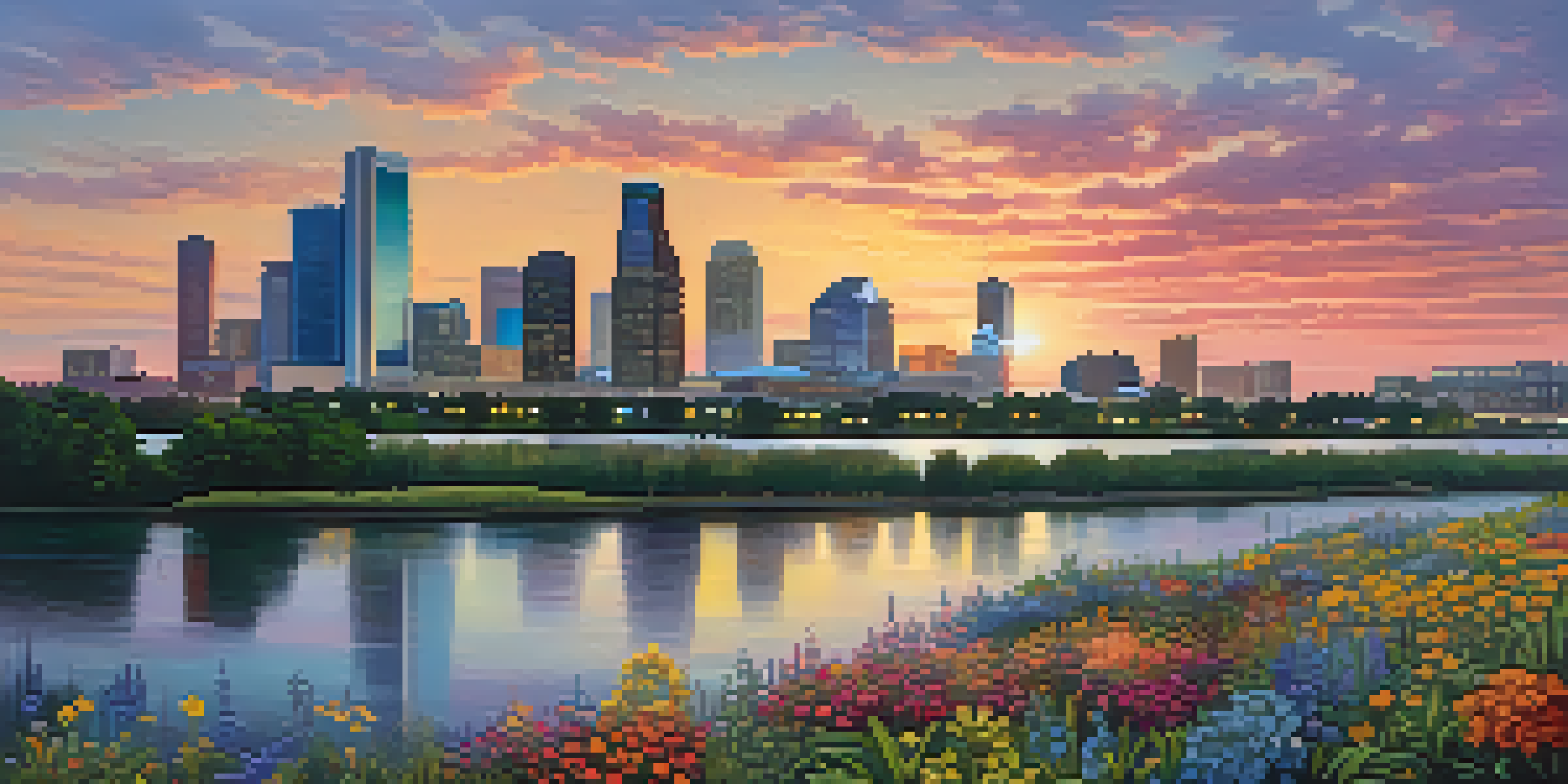 A sunset view of Houston's skyline with colorful reflections on glass buildings, lush bayou with wildflowers in the foreground, and cargo ships in the background.