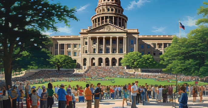 The Texas State Capitol building surrounded by diverse citizens engaging in discussions and holding advocacy signs under a clear blue sky.