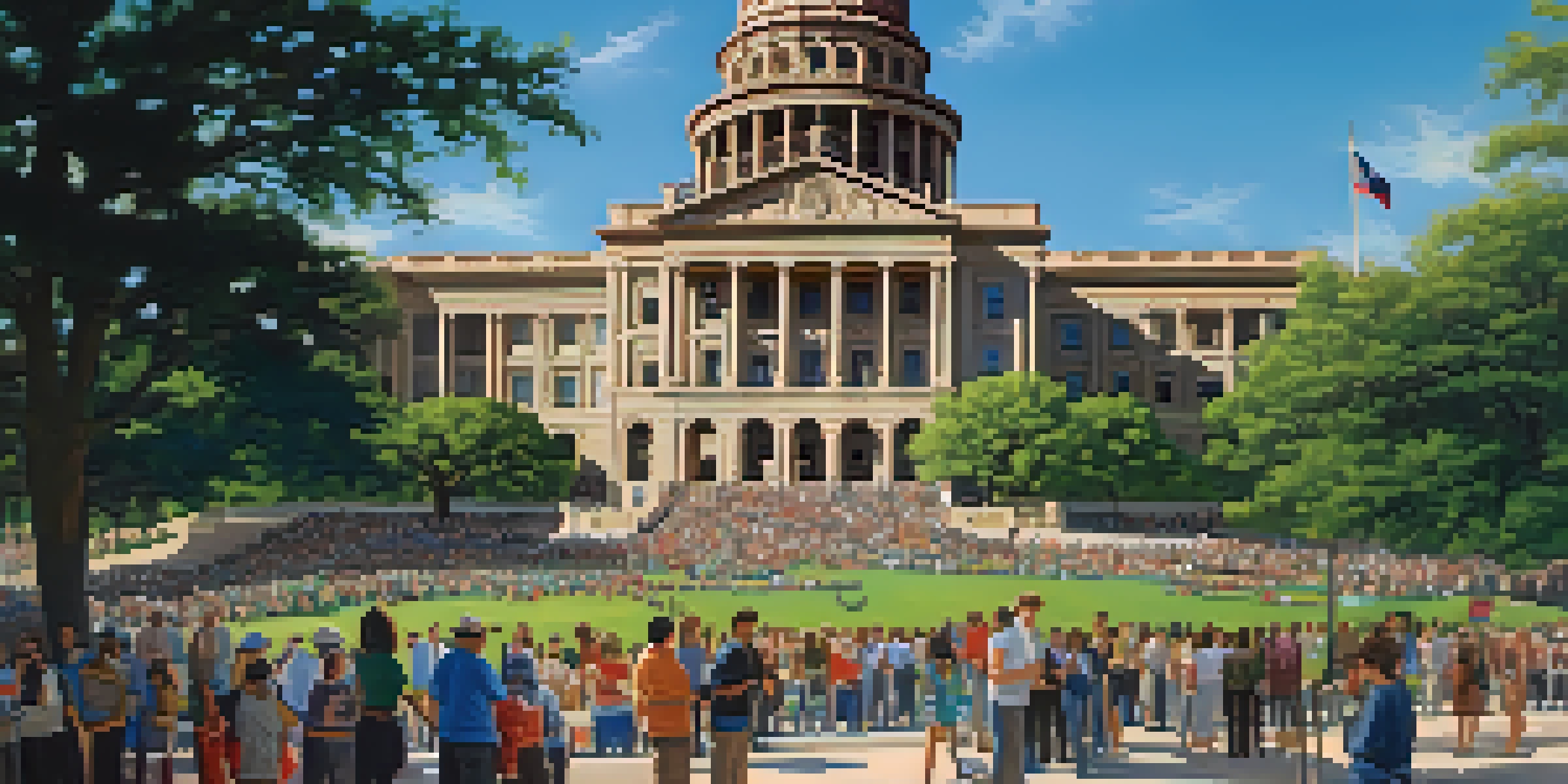 The Texas State Capitol building surrounded by diverse citizens engaging in discussions and holding advocacy signs under a clear blue sky.