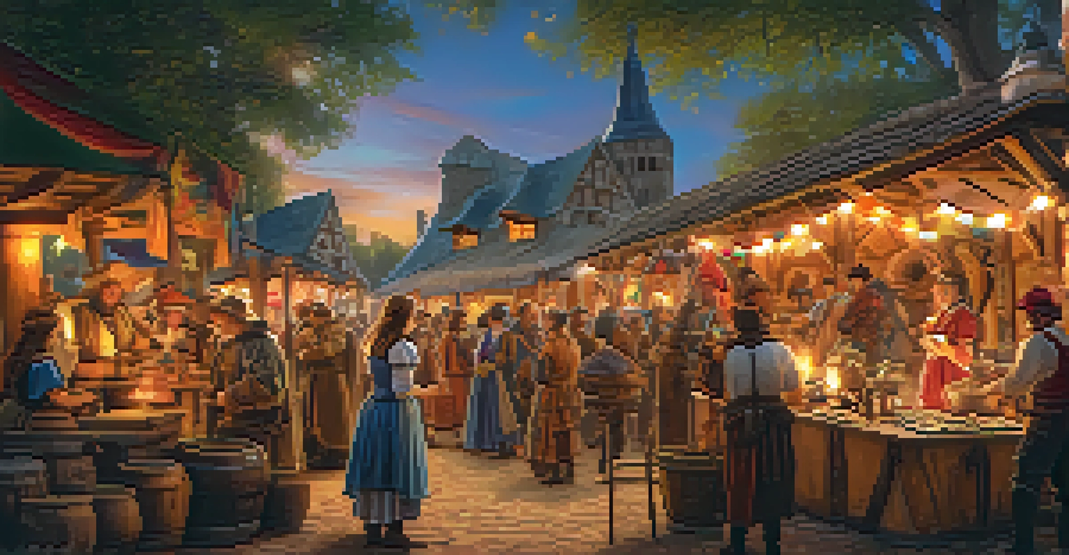 A vibrant Texas Renaissance Festival village with artisans and visitors in period costumes enjoying crafts and performances under a sunset.