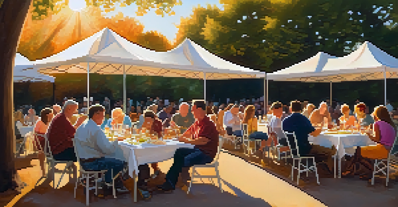 Guests enjoying peach cobbler and wine at the Fredericksburg Food and Wine Fest, surrounded by trees and a warm sunset glow.