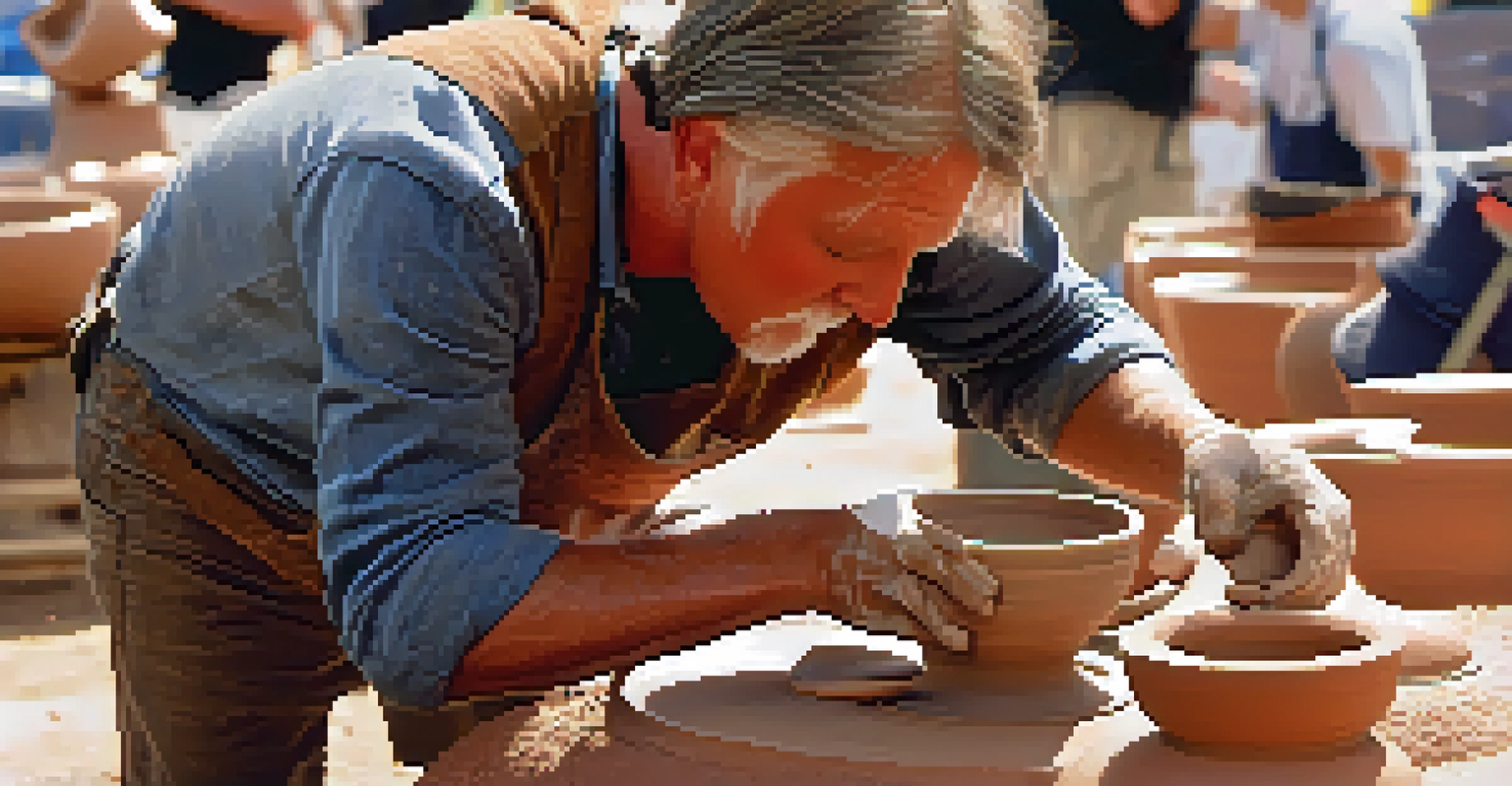 A potter shaping clay on a wheel at the Texas Clay Festival, with finished pottery pieces displayed in the background.