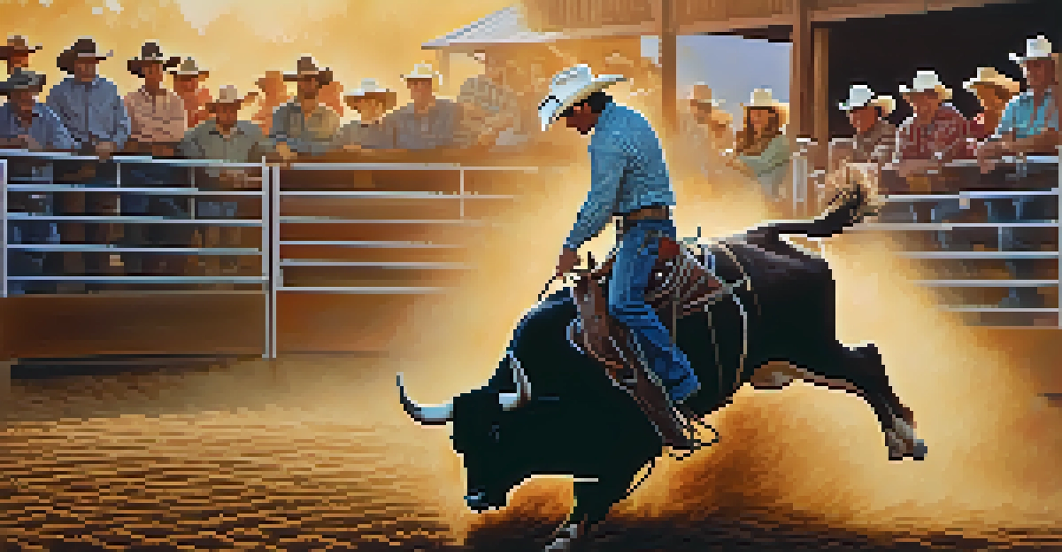 A thrilling rodeo scene with a cowboy riding a bull in an arena, surrounded by enthusiastic spectators and a beautiful sunset in the background.