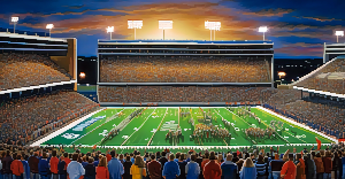 A lively high school football game at night with fans cheering, players in action, and bright stadium lights illuminating the field.