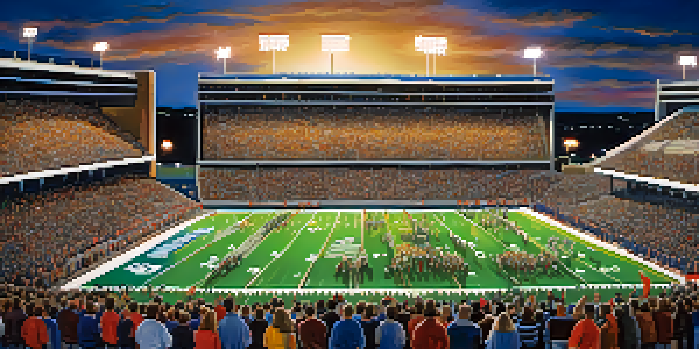 A lively high school football game at night with fans cheering, players in action, and bright stadium lights illuminating the field.