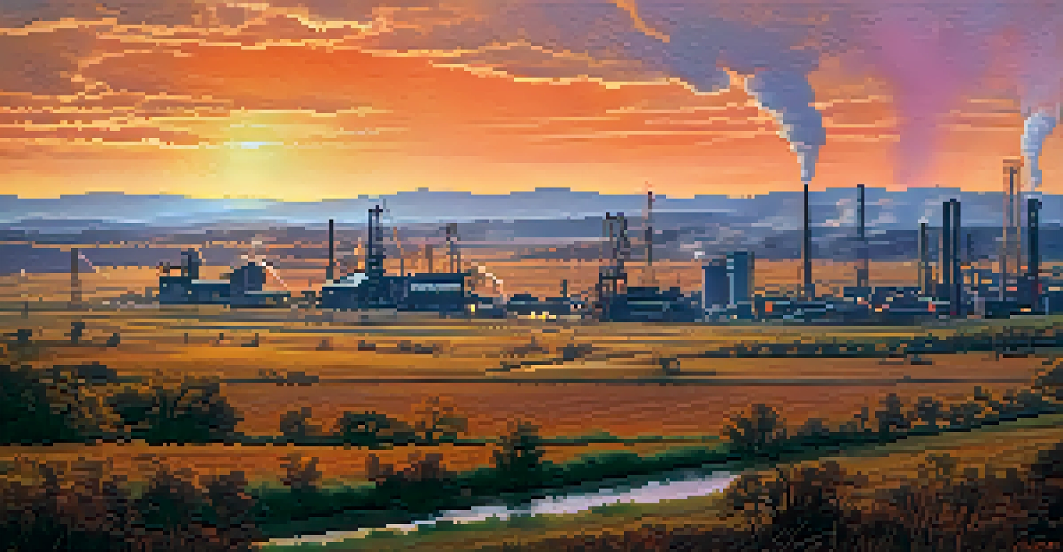 A Texas landscape featuring oil rigs and factories at sunset, with workers in the foreground.